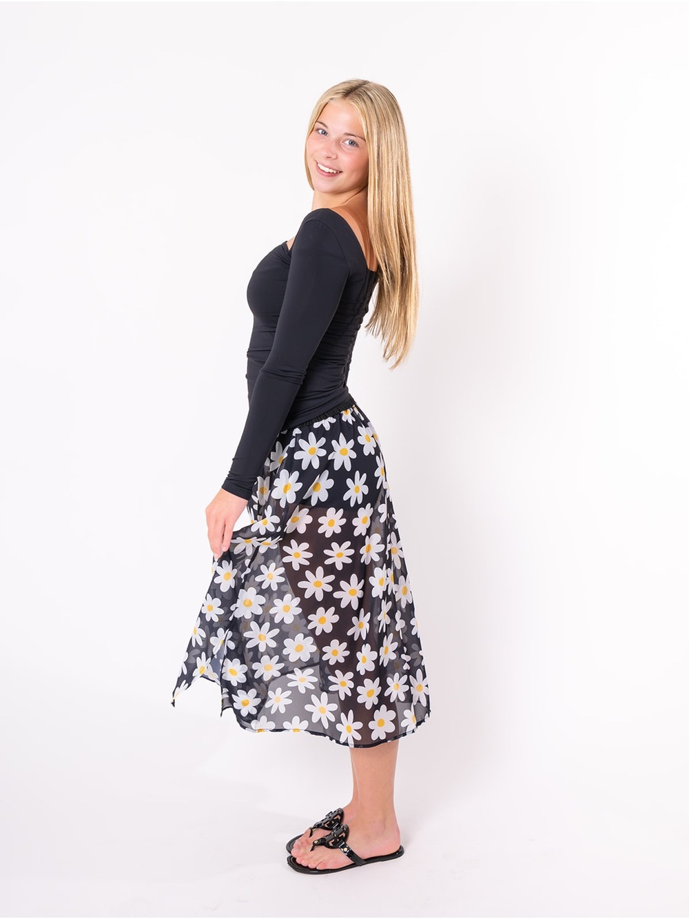 Black Daisy-Print Midi Skirt - Floral A-Line Skirt